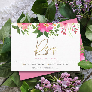 Cartão RSVP Bat Mitzvah Rosa Floral Dourado Script Água-tinta