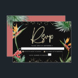 Cartão RSVP Bat Mitzvah Tropical Dourada Palm Watercolor<br><div class="desc">Tenha orgulho, alegria e comemore este marco do seu Bat Mitzvah favorito com este sofisticado e personalizado cartão de inserção RSVP para o seu evento! Na moda, atordoante, colorida, aves aquáticas tropicais de flores paraíso, falso roteiro dourado manuscrito, Estrela de David e pontos brilhantes, juntamente com o moderno tipo sans...</div>
