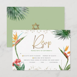 Cartão RSVP Bat Mitzvah Tropical Dourado Roteiro Palma Aquarel