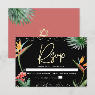 Cartão RSVP Bat Mitzvah Tropical Preto Dourado Palma Aquarela