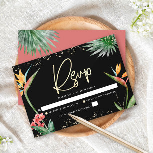 Cartão RSVP Bat Mitzvah Tropical Preto Dourado Palma Aquarela