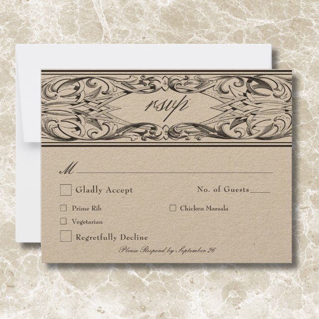 Cartão RSVP Bat Vitoriano Até Casamento Negro e Tan Mortal (Victorian Bat Until Death Black & Tan Wedding RSVP Card)