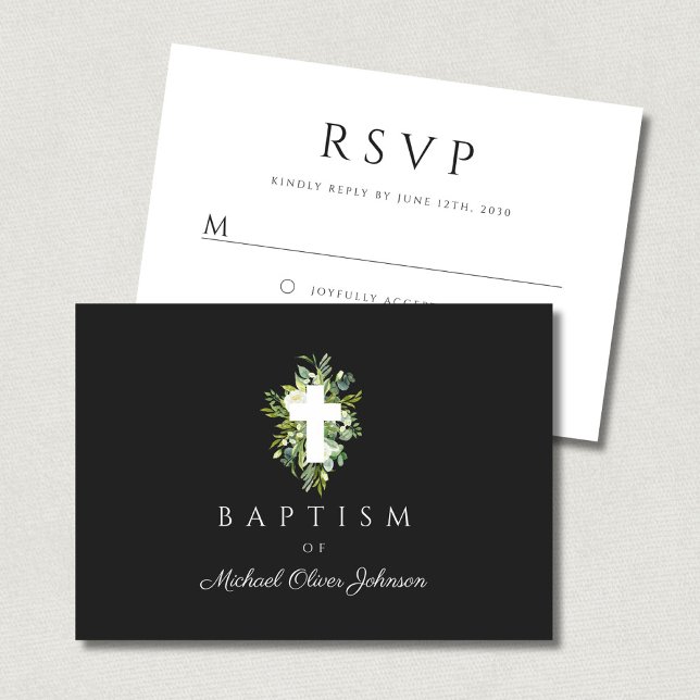 Cartão RSVP Batismo Botânico Verde Cruz Religioso (Religious Cross Green Botanical Baptism RSVP Card)