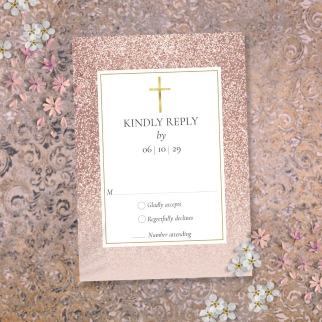 Cartão RSVP Batismo Christening Primeira Santa Rosa de Comunhã (Baptism Christening First Holy Communion Rose Gold RSVP Card)