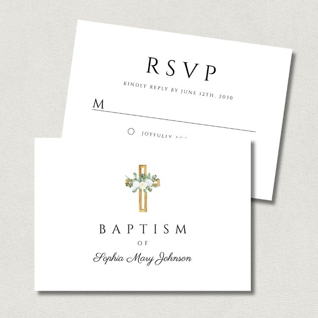 Cartão RSVP Batismo Floral Cruzado Religioso Elegante (Elegant Religious Cross Floral Baptism RSVP Card)