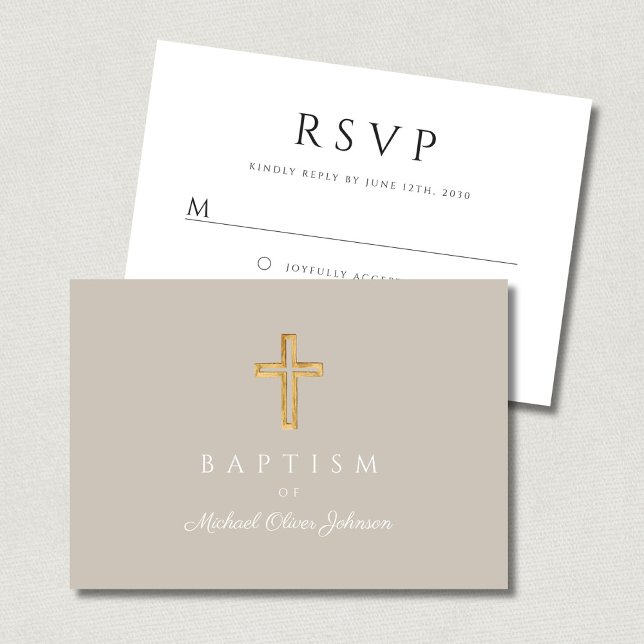 Cartão RSVP Batismo religioso entre as árvores elegantes (Elegant Taupe Religious Cross Baptism RSVP Card)