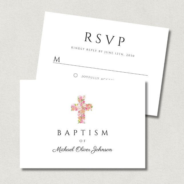 Cartão RSVP Batismo religioso religioso cor-de-rosa-rosa (Elegant Religious Floral Pink Cross Baptism RSVP Card)