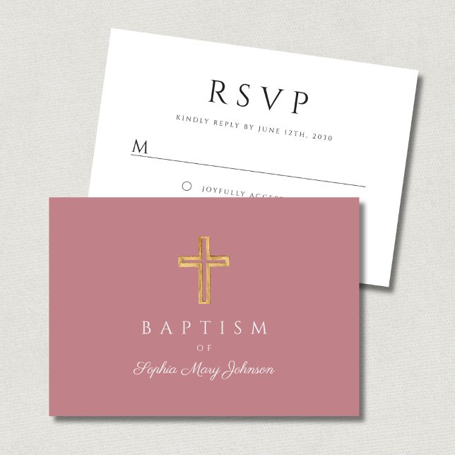Cartão RSVP Batismo religioso Rosa Elegante (Elegant Pink Religious Cross Girl Baptism RSVP Card)