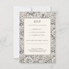 Cartão RSVP Beautiful Charcoal Black and White Etched Flowers 