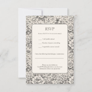 Cartão RSVP Beautiful Charcoal Black and White Etched Flowers 