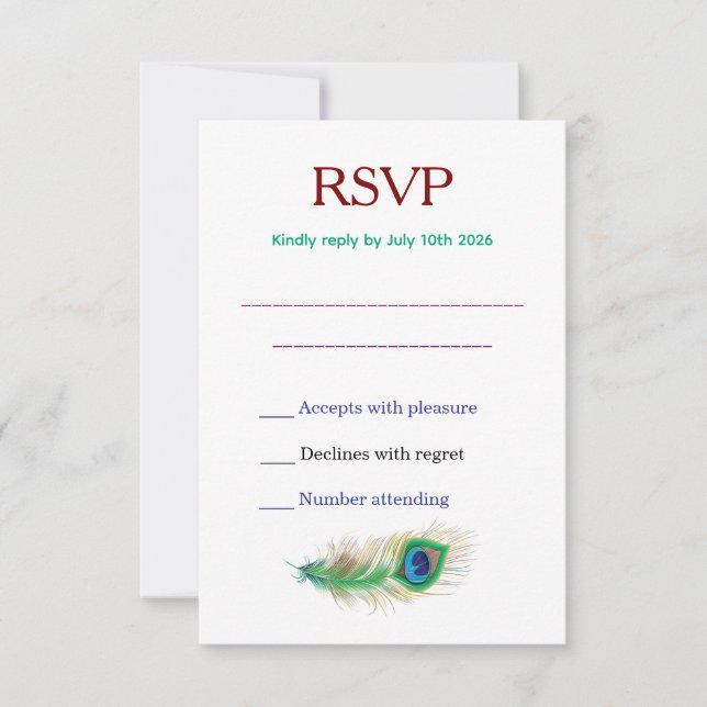 Cartão RSVP Beautiful Peacock Feather Wedding (Frente)