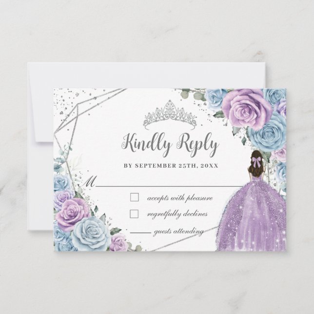 Cartão RSVP Bebê Azul Roxo Lilar Prata Floral Quinceañera (Frente)