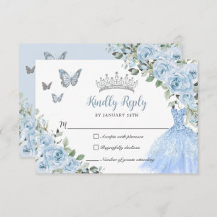 Cartão RSVP Bebê Blue Floral Princesa Vestido Prata Quinceañer