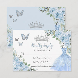 Cartão RSVP Bebê Blue Floral Princesa Vestido Prata Quinceañer