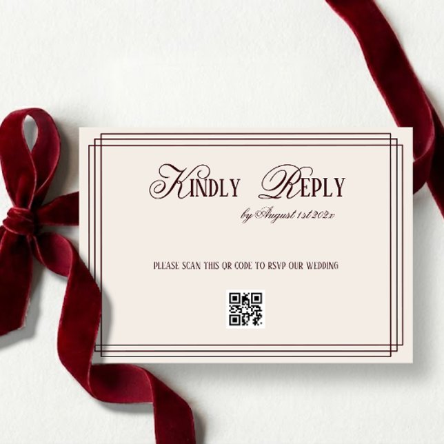 Cartão RSVP Beige Dark Red Old Money Wedding QR code (Criador carregado)