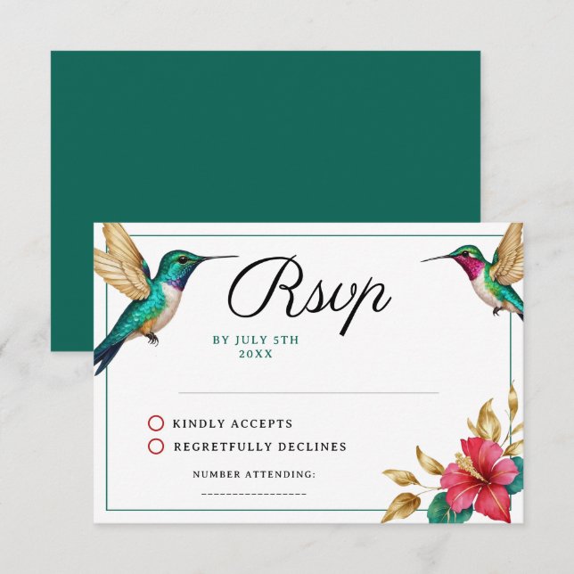Cartão RSVP Beija-flores Voadores Flor Tropical Vermelha Casam (Frente/Verso)