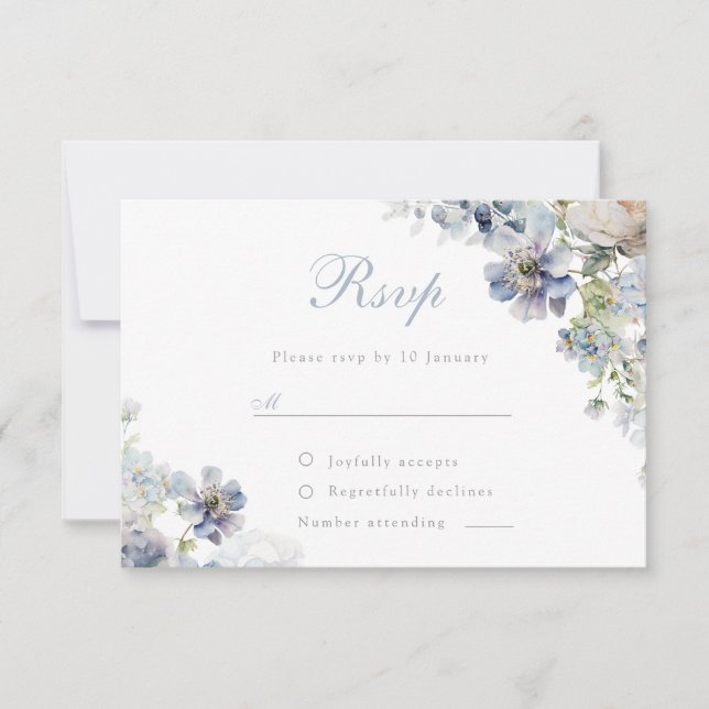 Cartão RSVP Belo Casamento de Flores Azuis Elegante (Frente)