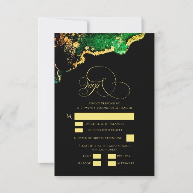 Cartão RSVP Belo Casamento Dourado de Agata Verde de Bronze (Frente)