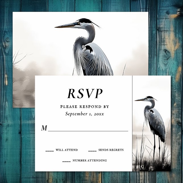 Cartão RSVP Belo Excelente Casamento de Aves Costeiras do Herã (Beautiful Great Blue Heron Water Bird Wedding RSVP Card)