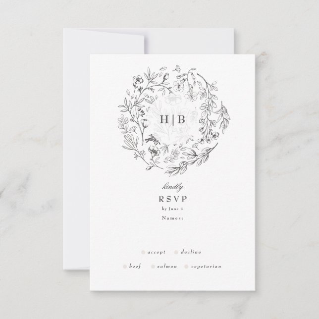 Cartão RSVP Belo Monograma Floral Casamento De Ferro Escrito (Frente)