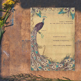 Cartão RSVP Berinjela Aquática Pavão Vintage 3 Penas