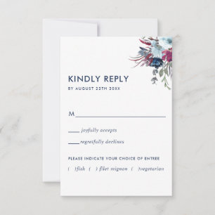 Cartão RSVP Berry e Blue Floral sem opções de refeições RS