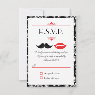 Cartão RSVP Bigode e Lábios Vermelho, Preto & Branco Damask RS