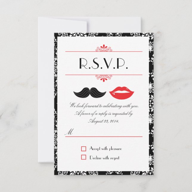 Cartão RSVP Bigode e Lábios Vermelho, Preto e Branco Damask RS (Frente)
