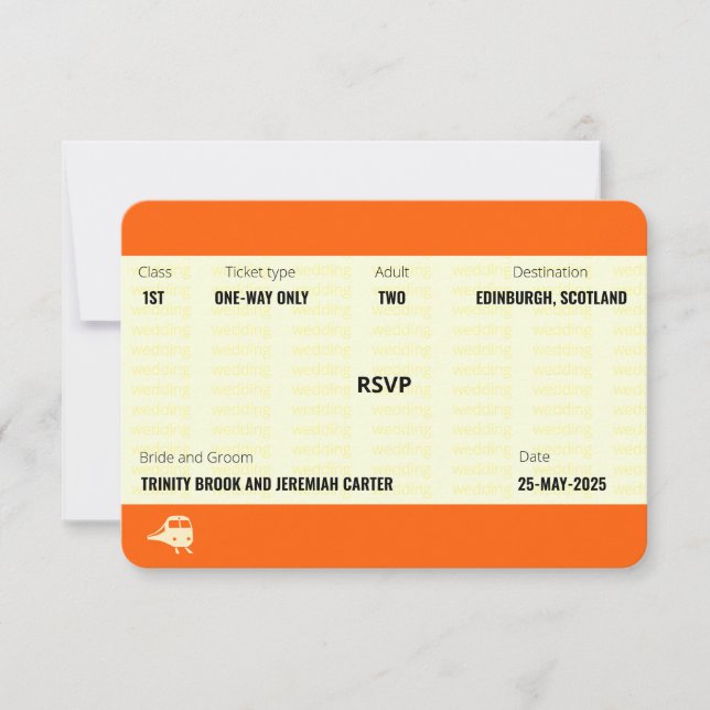 Cartão RSVP Bilhete de Trem Inspirado | Confirmação de Presenç (Frente)