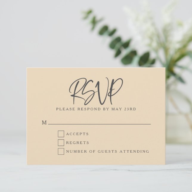 Cartão RSVP Black Beige Modern Script Lettering Wedding (Em pé/Frente)