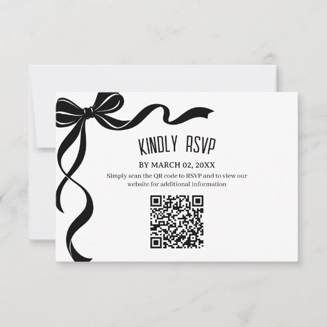 Cartão RSVP Black Bow Wedding QR code Response Insert (Frente)