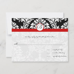 Cartão RSVP Black Damask Swirls Red Trim Invitation