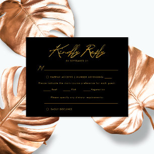 Cartão RSVP Black Gold Letra Manuscrita Elegante Casamento