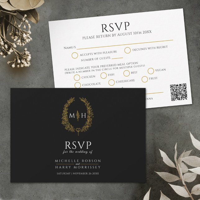 Cartão RSVP Black gold monogram meal option wedding QR code (Criador carregado)