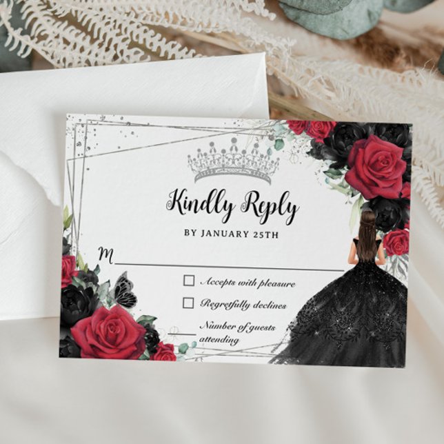 Cartão RSVP Black Red Floral Silver Princess Gown Quinceañera (Criador carregado)