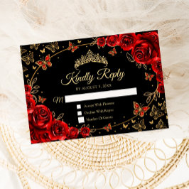 Cartão RSVP Black Red Gold Quinceanera Reply
