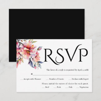Cartão RSVP Black typography, rhododendron branch with flowers