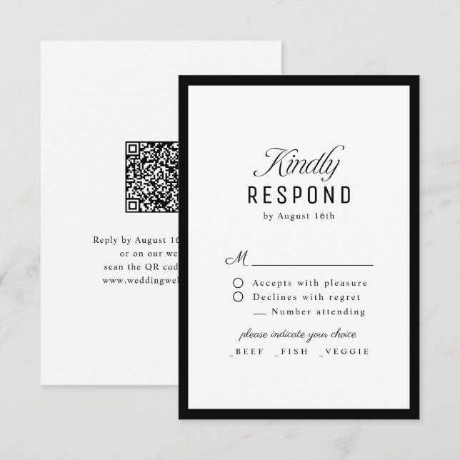 Cartão RSVP Black White Classy Script Elegant QR code Wedding (Frente/Verso)