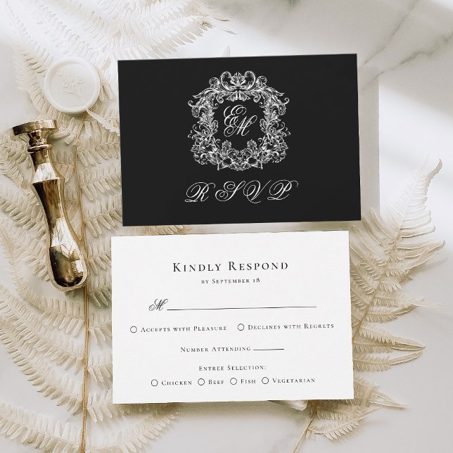 Cartão RSVP Black White Monogram Crest Elegant Wedding (Criador carregado)
