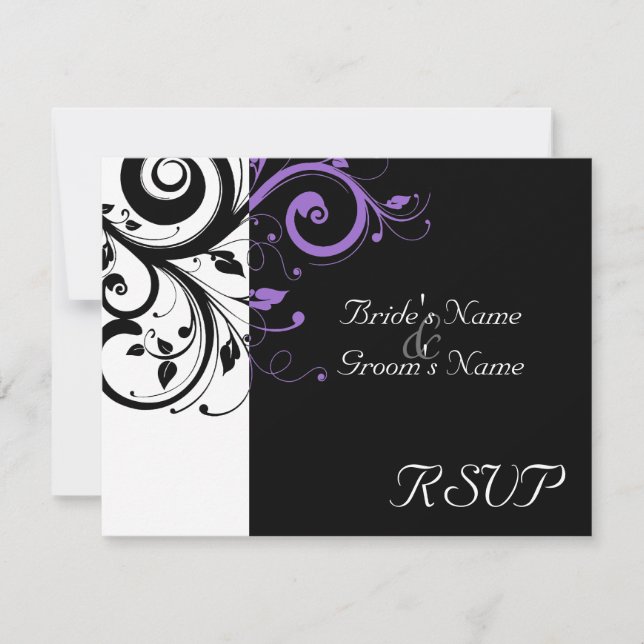 Cartão RSVP Black +White Roxo Swirl Casamento Correspondência  (Frente)