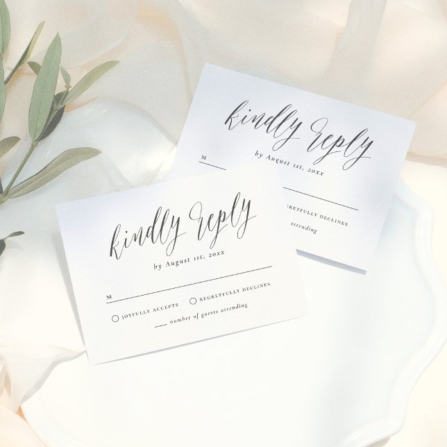 Cartão RSVP Black & White Simple Script Calligraphy Wedding (Criador carregado)