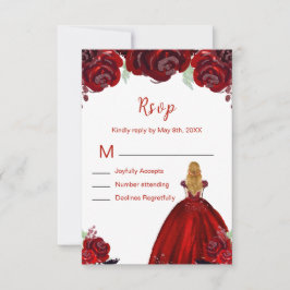 Cartão RSVP Blonde Hair Princess Red Floral Sweet Sixteen 