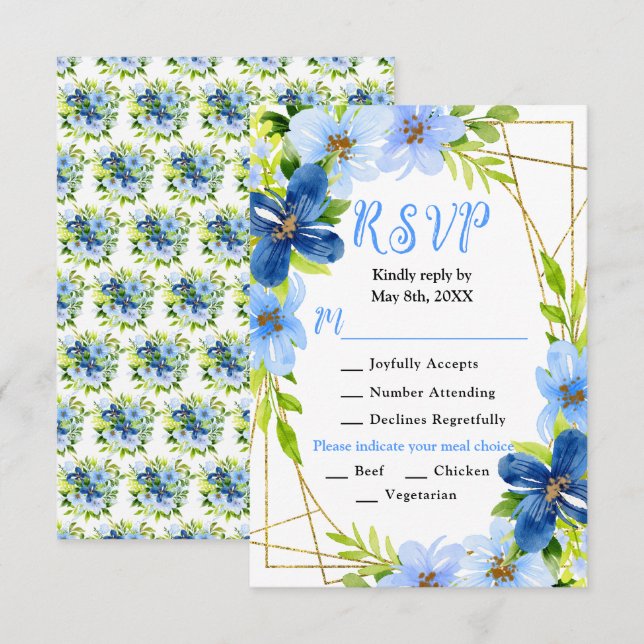 Cartão RSVP Blue and Navy Flowers with Foliage Wedding (Frente/Verso)