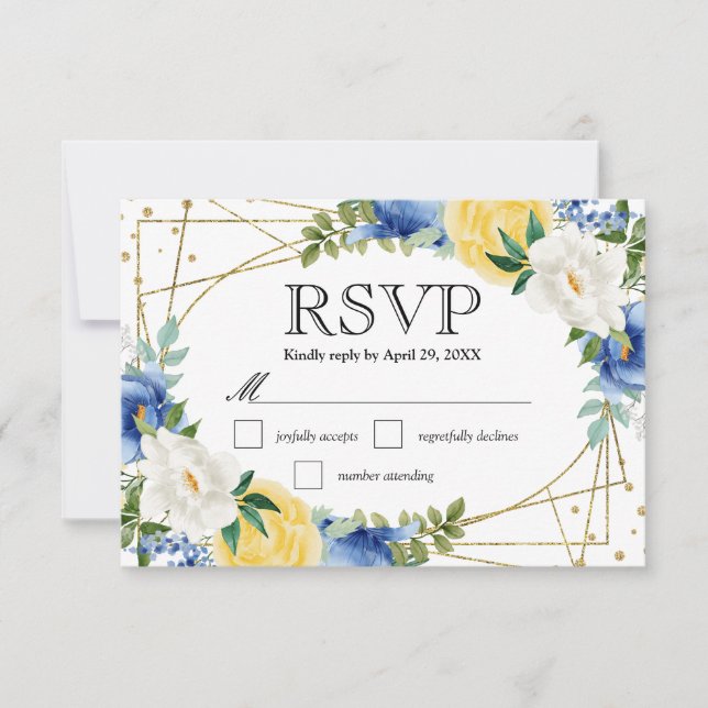 Cartão RSVP Blue and Yellow Summer Flowers Wedding (Frente)