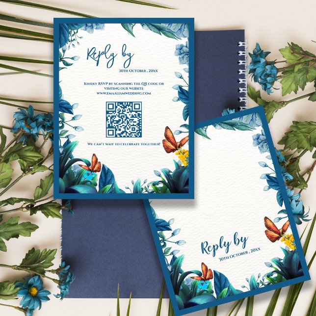 Cartão RSVP Blue Botanical Butterfly QR Code Wedding reply By (Blue Botanical Butterfly QR Code Wedding reply By RSVP Card)