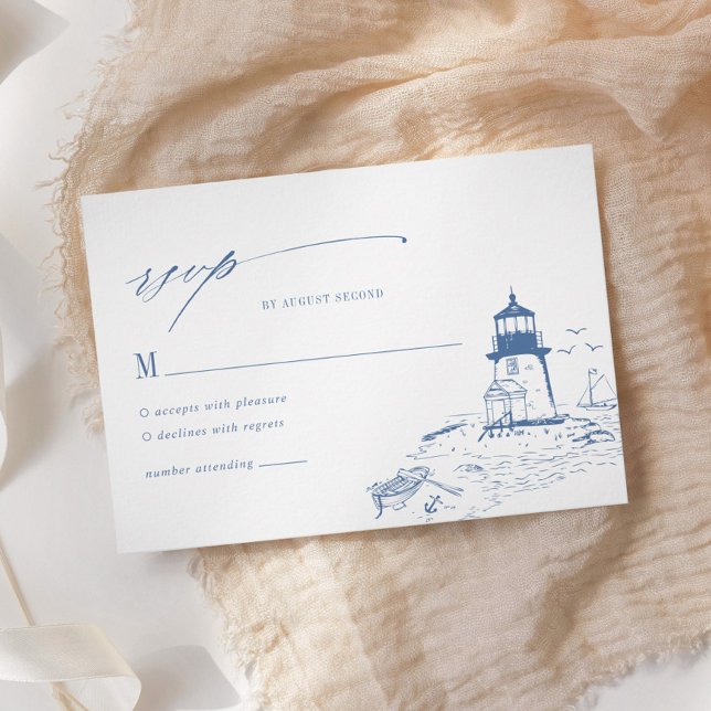 Cartão RSVP Blue Coastal Lighthouse Toile Wedding (Criador carregado)
