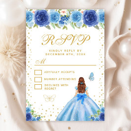Cartão RSVP Blue Floral Brown Hair Princess Sweet