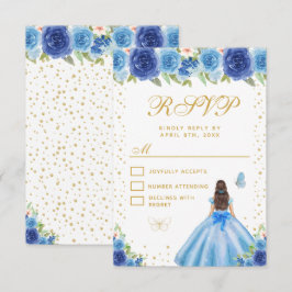 Cartão RSVP Blue Floral Brunette Hair Princess Sweet Sixteen