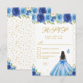Cartão RSVP Blue Floral Dark Skin Princess Sweet Sixteen