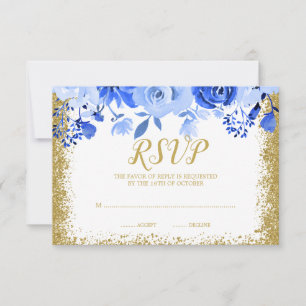 Cartão RSVP Blue Floral Faux Dourado Glitter Quinceanera